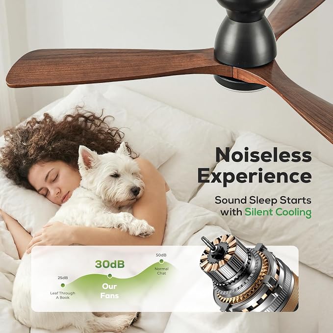 60in Smart Flush Mount Ceiling Fans with Lights,Outdoor Low Profile Ceiling Fan Quiet DC Motor,Work with Alexa/Gg Voice Control/App/Remote,Dimmable,6-speed,3 Wood blades Fan for Patio,Dark Walnut