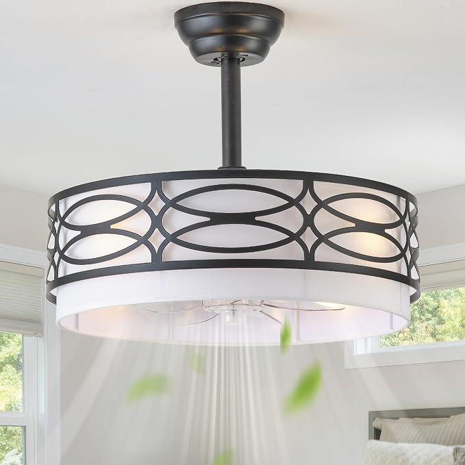 20" Black Farmhouse Ceiling Fan with Light, Caged Fandelier Ceiling Fans with Lights Remote Control with 6 Speeds for Bedroom, Living Room, Nursery