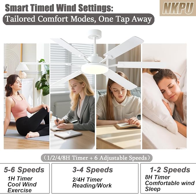 60 Inch Ceiling Fans with Lights, Large Modern White Ceiling Fan with Light and Remote Control, 6 Double Sided Blades, 6 Speed Reversible Motor, Dimmable LED, Silent Timing, Indoor Outdoor Patio Use