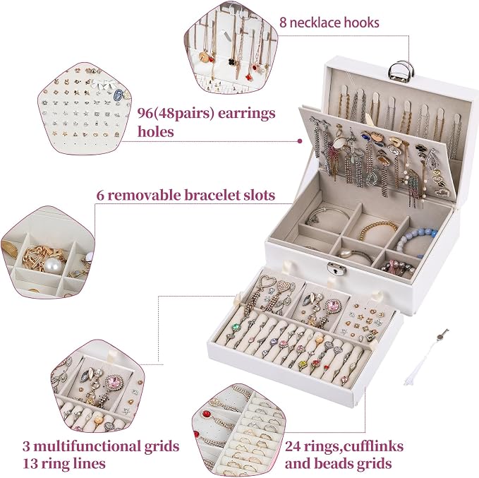 BOOVO Large Jewelry Boxes For Women(White, 4 layer) | 4 Layers Jewelry Organizer Box With Cosmetic Storage Drawer, Necklace Ring Jewelry Organizer Box
