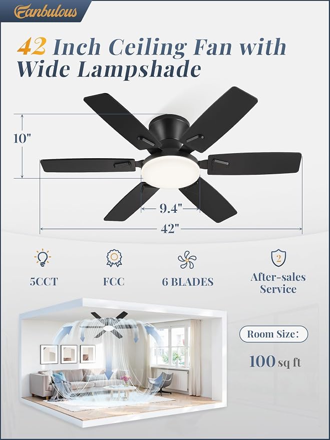 Fanbulous Ceiling Fans with Lights, 42 Inch 6-Blade, Smart APP & Remote Control, Dimmable 5CCT LED with Smart Memory, DC Motor Quiet for Bedroom Living Room, Damp Rated for Outdoor Covered Patio