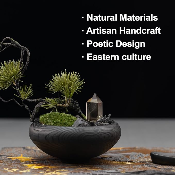Pine Cloud Zen Décor Set – Feng Shui Bonsai Arrangement, Citrine & Black Tourmaline Crystals, Dehua Ceramic Incense Holder, Nishijin Silk Mat – Meditation & Healing Gift Set