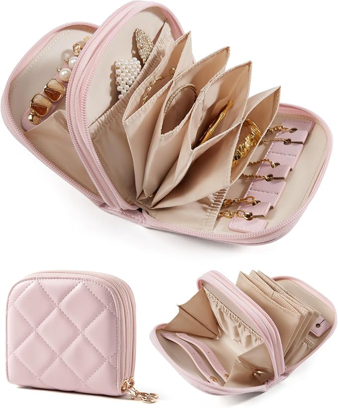 BAGSMART Travel Jewelry Case, Leather 2-Zip for Rings Necklaces | 2 zippered pockets, removable inner pocket, 3 tangle-free clips, 3 elastic pockets, 2 leather snap straps for rings/earrings