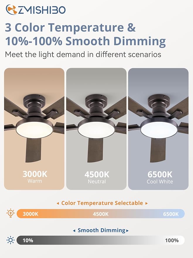 ZMISHIBO 52 Inch Flush Mount Ceiling Fan with Light, Remote&APP, Oil Bronze | 6-Speed Quiet DC Motor, Dimmable 24W LED with 3CCT (3000K-6500K), Modern Low Profile for Living Room, Bedroom, Kitchen