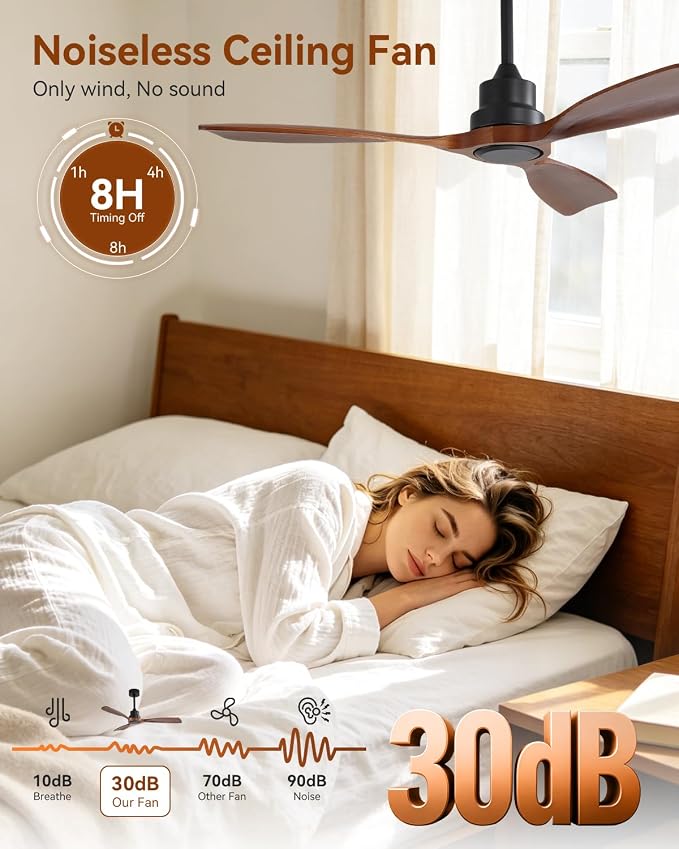 Sofucor 48 Inch Ceiling Fan No Light-Outdoor Ceiling Fans Without Lights, 3 Solid Wood Blades Quiet DC Motor, Modern Ceiling Fan with Remote Control for Indoor Bedroom/Living Room/Patios, Black&Walnut