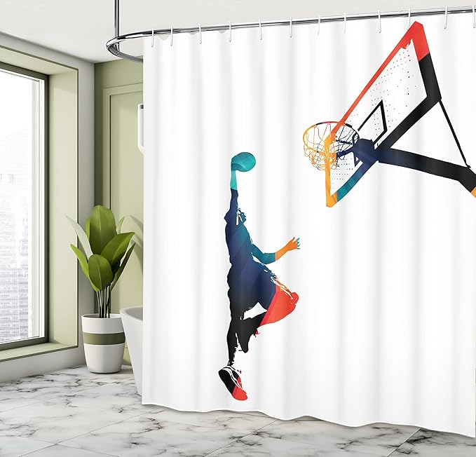 Ambesonne Sports Shower Curtain, High Contrast Silhouette Artwork of an Athlete Slam Dunking Basketball, Cloth Fabric Bathroom Decor Set with Hooks, 69" W x 70" L, Turquoise Orange