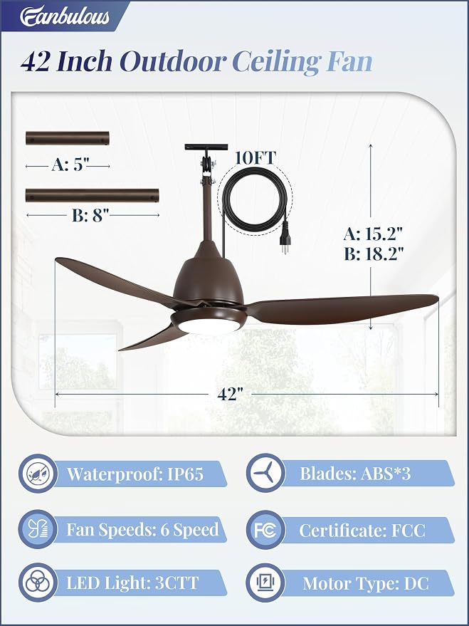 Fanbulous 42" Outdoor Ceiling Fan with Light, IP65 Waterproof Wet Rated, Plug in Gazebo Fan with 10FT Cord, Smart APP & Remote, 6-Speed Reversible DC Motor, 3CCT Dimmable LED for Patio Porch (Bronze)