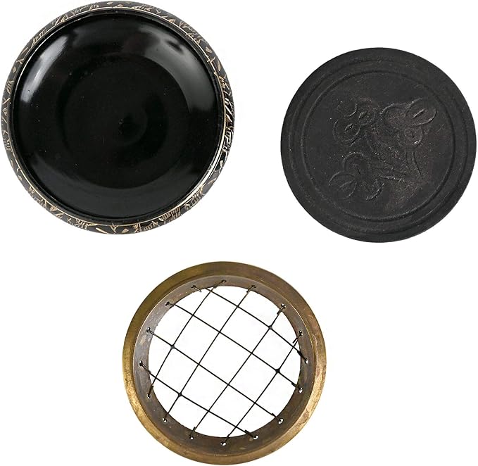 Incense Garden Decorated Brass Black Charcoal Screen Incense Burner - 2.75" Tall - Coaster Included
