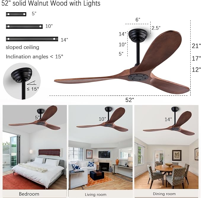 QUTWOB 52" Wood Ceiling Fan No Light, Reversible DC Motor, Remote Control | solid wood blades, quiet 6-speed reversible dc inverter motor, remote control, no light, for indoor outdoor patio living room
