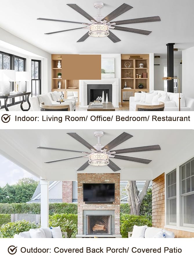 72 in Farmhouse Ceiling Fan with Lights Large Rustic Ceiling Fan | Retro White Caged Fandelier, Industrial Chandelier Light with Remote for Living Room Indoor, Reversible DC Motor 6 Speeds