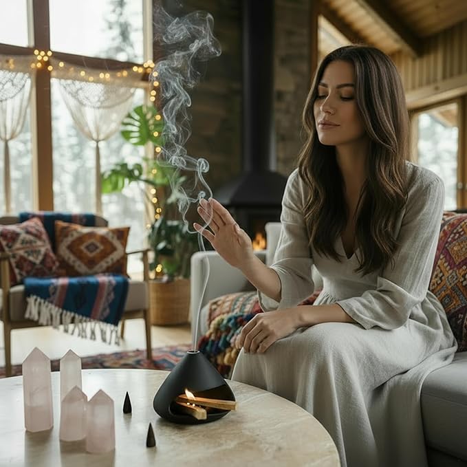 Palo Santo Holder Incense Burner, Sage Sticks Holder, Zongzi Clay Smudge Bowl with Chimney, Mini Cone Ceramic Fireplace for Cedar, Yoga, Sleep, Home Decor, Anxiety Relief Meditation for Women (Black)