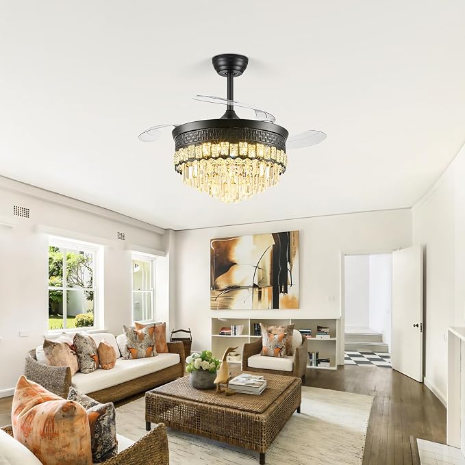 42" Fandelier Ceiling Fan with Lights,Crystal Retractable Ceiling Fan with Light,Chandelier Fans for Bedroom,Living Room,Reverse Motor,6 Speeds,3 Color Temperatures,Remote & APP Control-Black