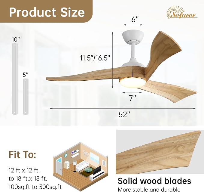Sofucor 52 Inch Ceiling Fan with Light and Remote - 3 Solid Wood Blades, Quiet DC Motor, 6 Speeds 5000CFM, Dimmable Tri-Color LED with Memory, Timer & Reversible for Living Room, ETL, Nature Wood