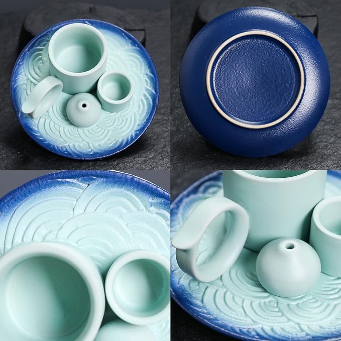 4 in 1 Ceramic Incense Burner Holder with Handle for Burning Sage, Palo Santo Stick, Joss Sticks, Candle in Your New House, Office, Yoga, Meditation Room (Sky Blue)
