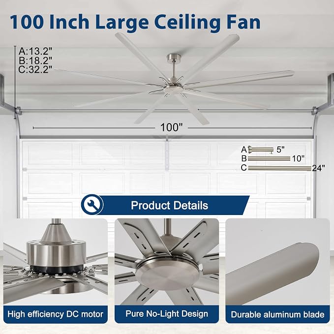 Large Ceiling Fan without Light: 100 Inch Outdoor Fan No Light Aluminum Blade - Industrial Big Ceiling Fan with Remote for Shop Garage Patio Gym 6 Speeds Timer Brushed Nickel Silver