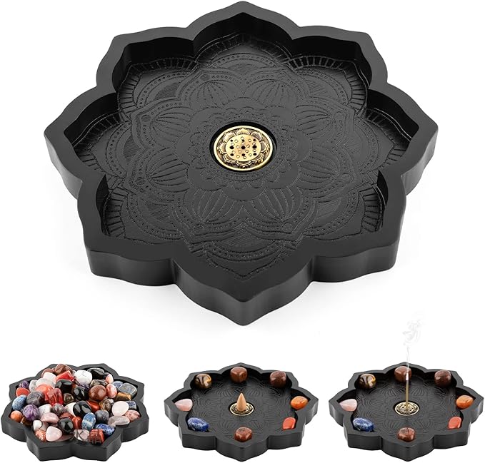 Mooncraftlogy Lotus Crystal Tray, Wooden Incense Burner for Stick/Cone, Gemstone Display Holder, Organizer for Rocks, Essential Oil, and Jewelry
