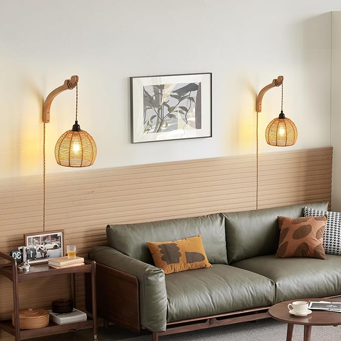 Plug in Wall Sconce,Farmhouse Wicker Wall Lamp Plug in,Hand Woven Rattan Wall Light Farmhouse Rustic Boho Sconces Wall Lighting for Living Room Bedroom