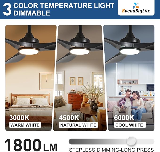 Outdoor Ceiling Fan with Light: 52 Inch 3 Blade Outdoor Fans for Patios - Modern Black Ceiling Fan with Dimmable Light Remote Control Ultra Quiet Reversible DC Motor Timer