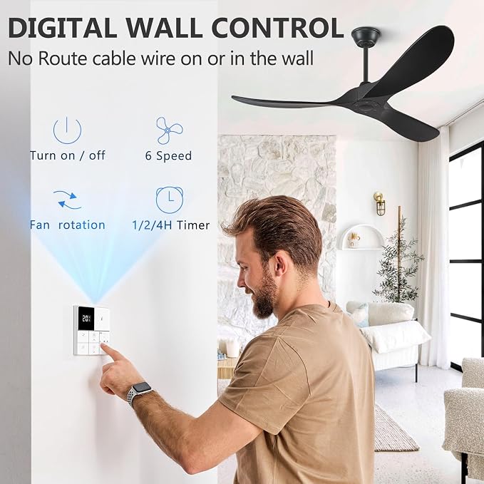 Eliora 52 Inch Ceiling Fan without Lights, Wood Ceiling Fans no Light with Remote Wall Switch and DC Motor, Indoor Outdoor Fan for Patio, Porch, Bedroom Propeller 3 Blades Ceiling Fans Matte Black