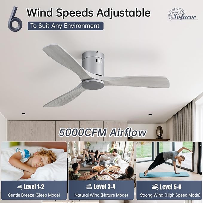 Sofucor 52 Inch Low Profile Ceiling Fans No Light, Modern Flush Mount Solid Wood Ceiling Fan with Airflow 5000CFM, Quiet DC Motor, 6 Speeds, Timer & Reversible for Bedroom Living Room, ETL, Gray