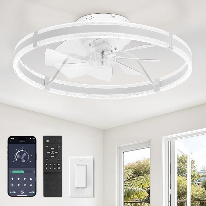LEDIARY Ceiling Fans with Lights and Remote, 24'' Low Profile Ceiling Fan with Light, 3000-6000K Dimmable Fandelier Ceiling Fans, Modern Flush Mount Fan Light for Bedroom with 6 Wind Speeds- White