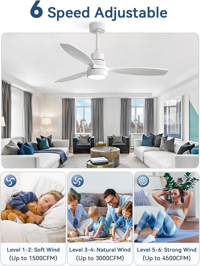 Sofucor 52 Inch Solid Wood Smart Ceiling Fans with Lights and Remote, Works with App/Alexa/Google, 6-Speed Outdoor Ceiling Fan with Light, 3 Blade Ceiling Fan, Quiet DC Motor for Living Room Patio