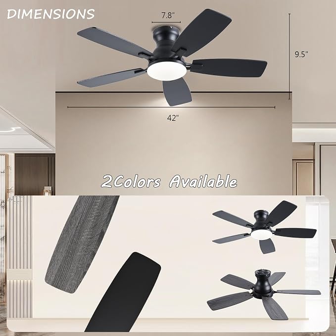 JSAITEE Ceiling Fans with Lights, 42 Inch Low Profile Ceiling Fan with Light and Remote Control, Flush Mount, DC Reversible Motor, Noiseless, Black 6 Speeds Ceiling Fan for Bedroom