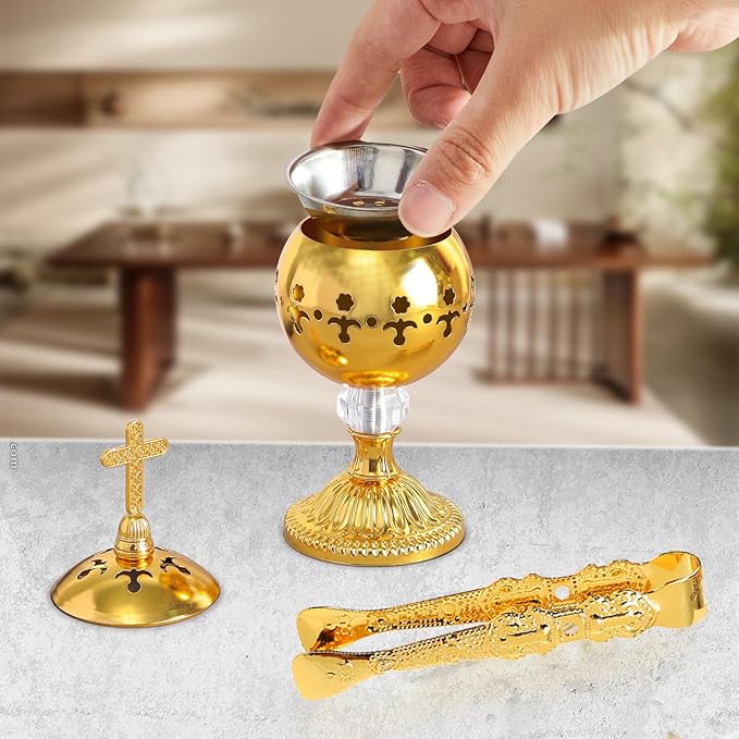 Traditional Incense Burner – Gold Charcoal Censer with Clip – Aromatherapy Resin Holder for Church, Meditation, Yoga, and Home