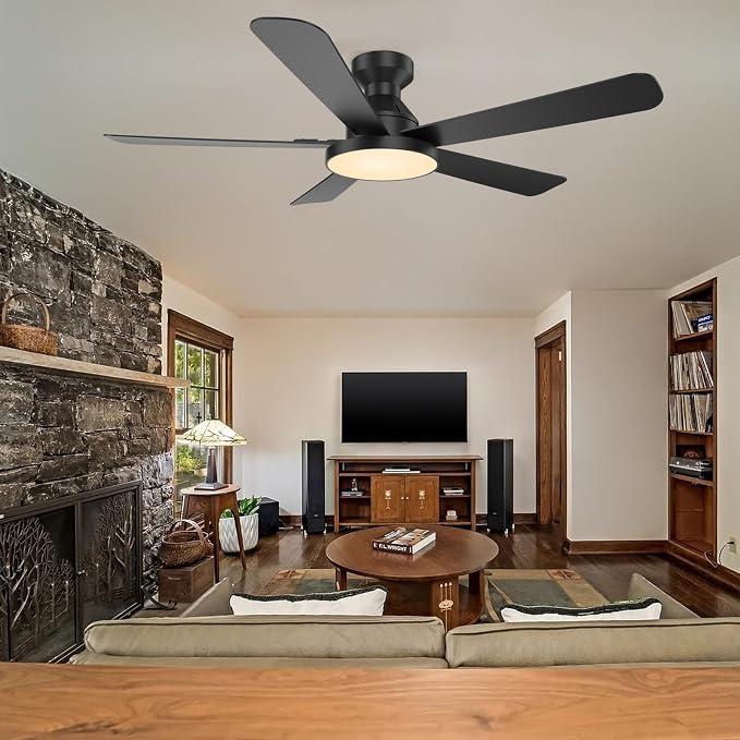 Ceiling Fans with Lights, 52 inch Low Profile Ceiling Fan with Light, Remote/App Control, Flush Mount Black Ceiling Fan for Bedroom, Indoor/Outdoor