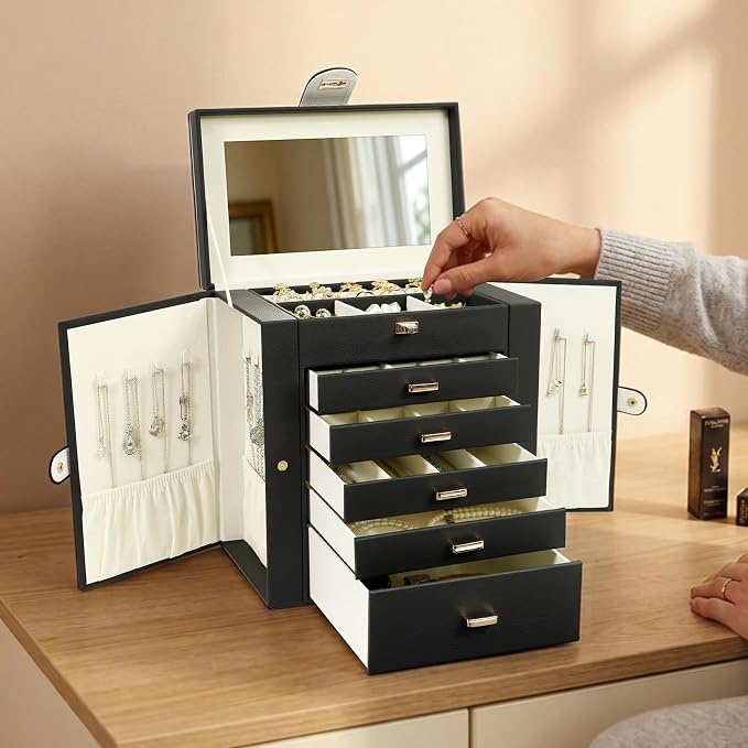 KAMIER Jewelry Box for Women, 6-Layer Large Jewelry Organizer Box with Mirror & 5 Drawers for Rings, Earrings, Necklaces, Bracelets,Black