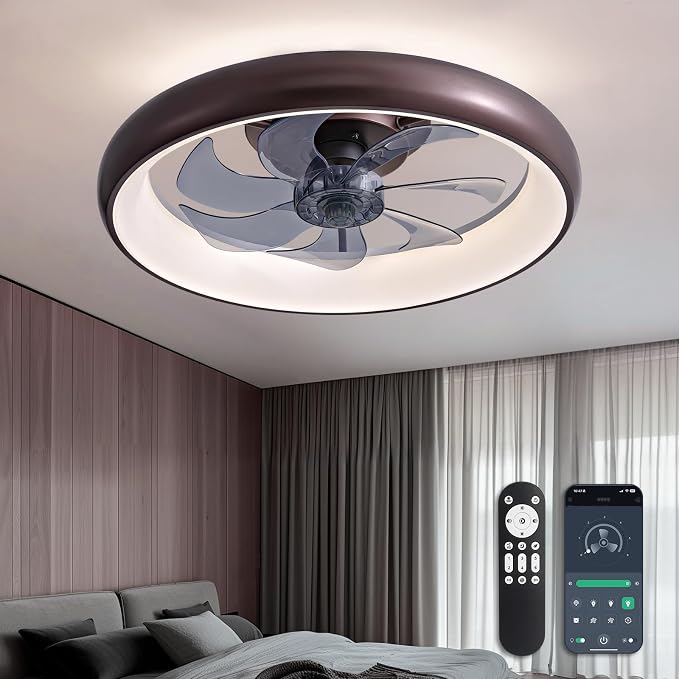 LUDOMIDE Ceiling Fan with Lights and Remote, 20'' Low Profile Flush Mount, 6 Wind Speeds, Modern Dimmable LED, Smart for Bedroom, Kids Room