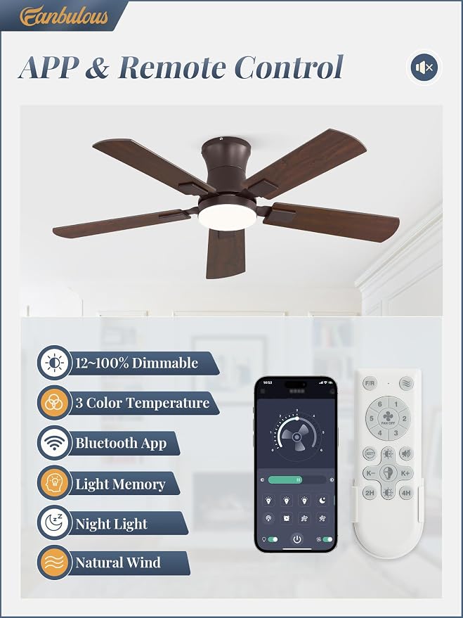 Fanbulous 42 inch ceiling fan with light, Low Profile Ceiling Fan with Light, App&Remote Control, Dimmable LED Light, Flush Mount Ceiling Fan for Indoor Bedroom Living Room, Qiuet DC Motor