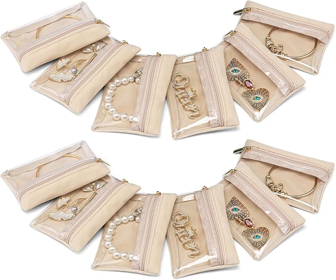 VLANDO Jewelry Travel Case,Travel Jewelry Organizer with Clear Velvet Jewelry Bags Zipper Pouch for Women Girl Gift 12Pcs Bag