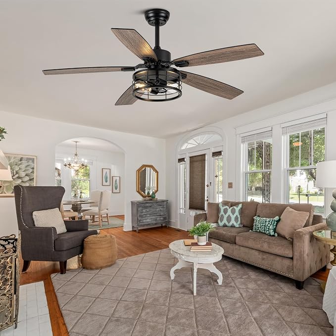 52 Inch Farmhouse Ceiling Fan with Light and Remote Black Industrial Ceiling Fan Quiet and Reversible DC Motor Rustic Caged Chandelier Fan for Living Room Bedroom Patio