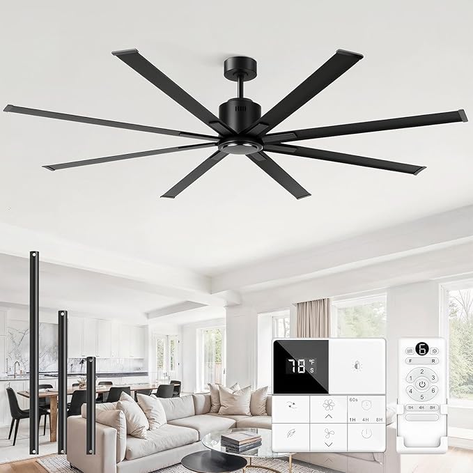 84 Inch Industrial HVLS Ceiling Fan No Light, Large High CFM Commercial Fan with 8 Aluminum Metal Blades, BLDC Motor Big Rooms Outdoor Fan Wihtout Lights for Porch Garage Shop Barn, Matte Black