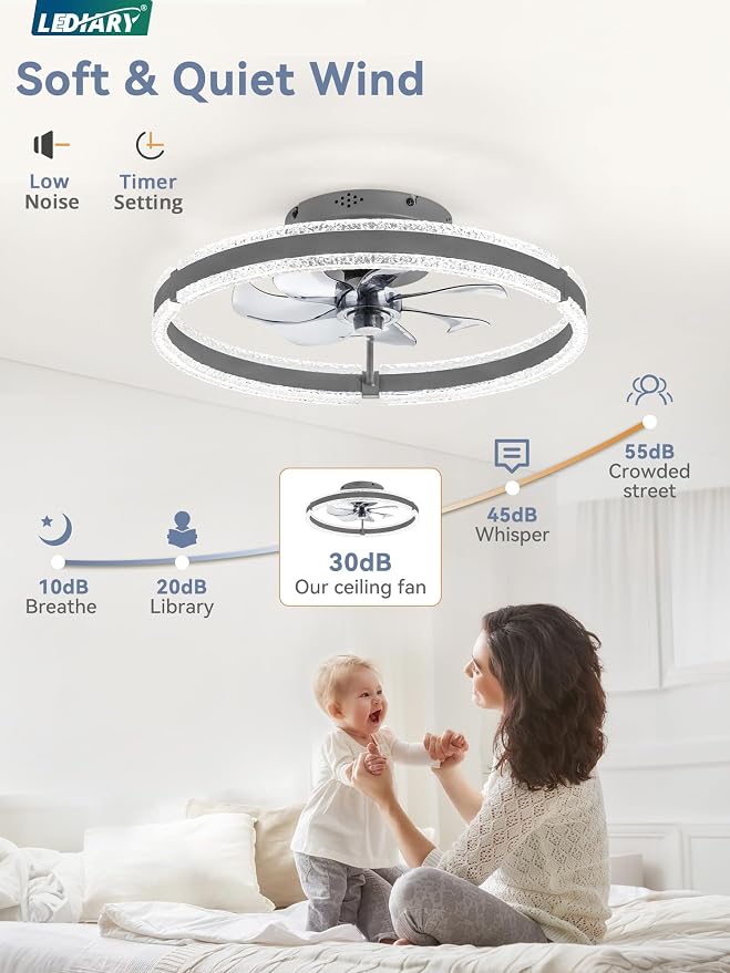LEDIARY Ceiling Fans with Lights and Remote, 20'' Low Profile Ceiling Fan with Light, 3000-6000K Dimmable Fandelier Ceiling Fans, Modern Flush Mount Fan Light for Bedroom with 6 Wind Speeds-Sandy Gray