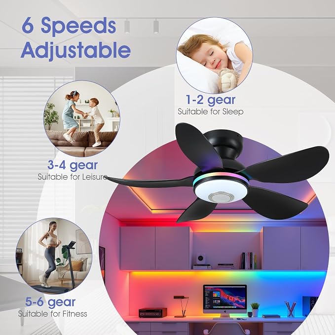 Kviflon 36" Ceiling Fans with RGB Lights Remote/APP Control, Small Ceiling Fan, 3 CCT Dimmable White Lights+RGB Ring Lights+Music Player, 5 Reversible Plastic Blades 6 Speeds for Kidsroom, Black