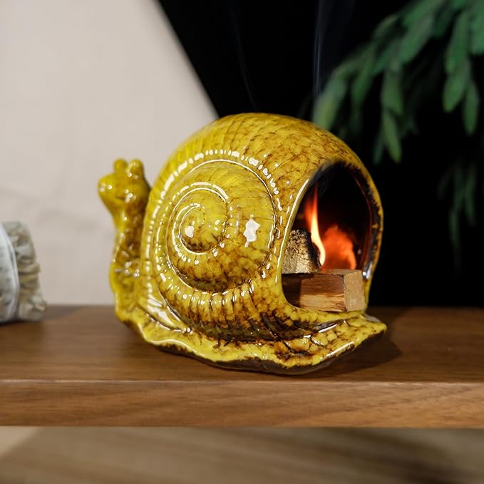 MOUGIGI Handcrafted Yellow Ceramic Snail Palo Santo Holder - Mini Fireplace Incense Burner for Sage, Wood Sticks, Cones & Tealights - Unique Aromatic Smudge Bowl for Yoga and Meditation Gifts