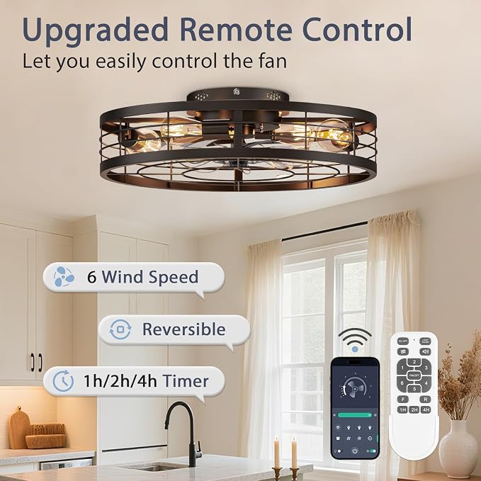 VOLISUN Caged Ceiling Fan with Light and Remote,23.6 inch Fandelier Ceiling Fan with Light Flush Mount, Farmhouse Bladeless Ceiling Fans with Lights for Kitchen,Bedroom