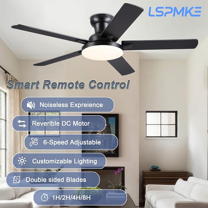 Ceiling Fans with Lights, 52 inch Flush Mount Ceiling fan with Remote Control/APP, Low Profile Ceiling Fan with 5 Blade Reversible, 3CCT, Dimmable, Modern Fan Light for Bedroom, Living Room
