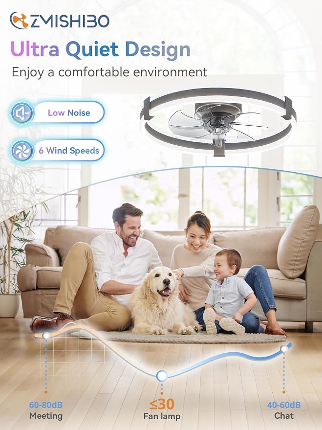 ZMISHIBO RGB Ceiling Fans with Lights and Remote, 20 inch Low Profile Ceiling Fan with Light, 3000K-6000K Dimmable & RGB, Modern Fandelier Flush Mount Ceiling Fan, Small LED Fan for Bedroom,Grey