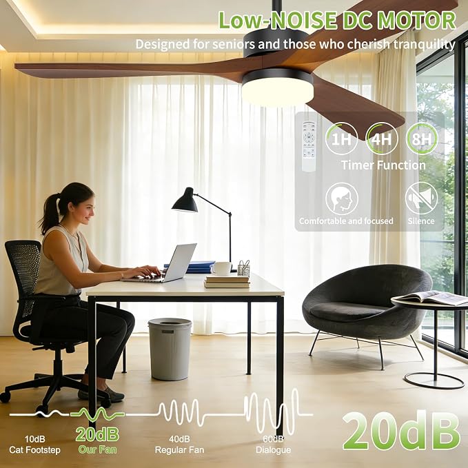 Ceiling Fans with Lights, Solid Wood Blade, 45 W Reversible DC Motor <20 dB Ultra-Quiet for Home Living, 3 CCT, 6 Speeds, 6200 CFM, 52 Inch Suitable for Indoor and Outdoor