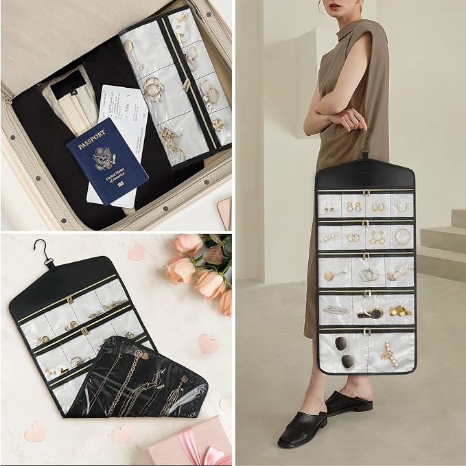 CHICECO Travel Jewelry Holder Organizer,Hanging Jewelry Organizer Storage With Zippered Pockets for Cloest,Wall,Door,Jewelry Holder for Earrings, Necklaces（Beige Black）