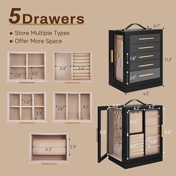 360° Rotating 5‑Drawers Jewelry Box with Top Handle & Glass Window, Spacious Vertical Jewelry Organizer, Jewelry Storage Case, Dustproof & Moisture‑resistant Design, Black