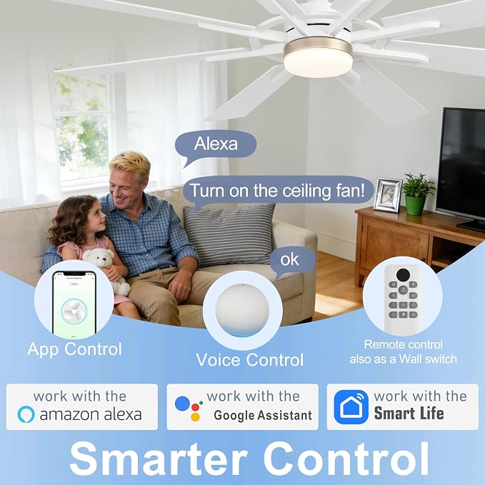 60 Inch Smart Ceiling Fan, White Indoor/Outdoor Ceiling Fans with Lights and Remote, Compatible with Alexa/Google/App, 3CCT Dimmable 6 Speeds Timing for Living Room Bedroom Patio