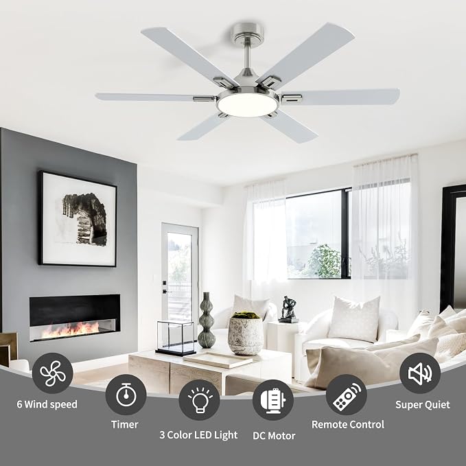 52 Inch Ceiling Fan with Light, 6 Wooden Blades, Brushed Nickel | Remote Control,Reversible Quiet DC Motor, 6-Speed, 3CCT Dimmable LED, Timer for Living Room, Bedroom, Office