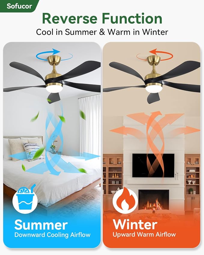 Sofucor 52 Inch Ceiling Fans with Lights and Remote, Outdoor Ceiling Fan with Light 6-Speed 3 CCT 3-Timer, Black Low Profile Ceiling Fan 5 Blade Reversible DC Motor for Living Room Bedroom Patio