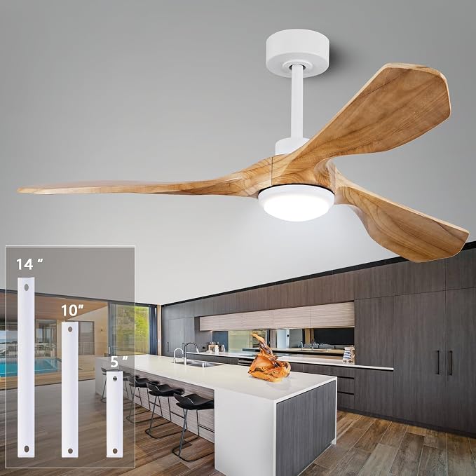 52" Solid Wood Ceiling Fan With Light,Silent Reversible Dc Motor And Remote | tung wood blades, copper dc motor,6-speed reversible remote, 1500lm led light, under 30db quiet,2 downrods for indoor outdoor