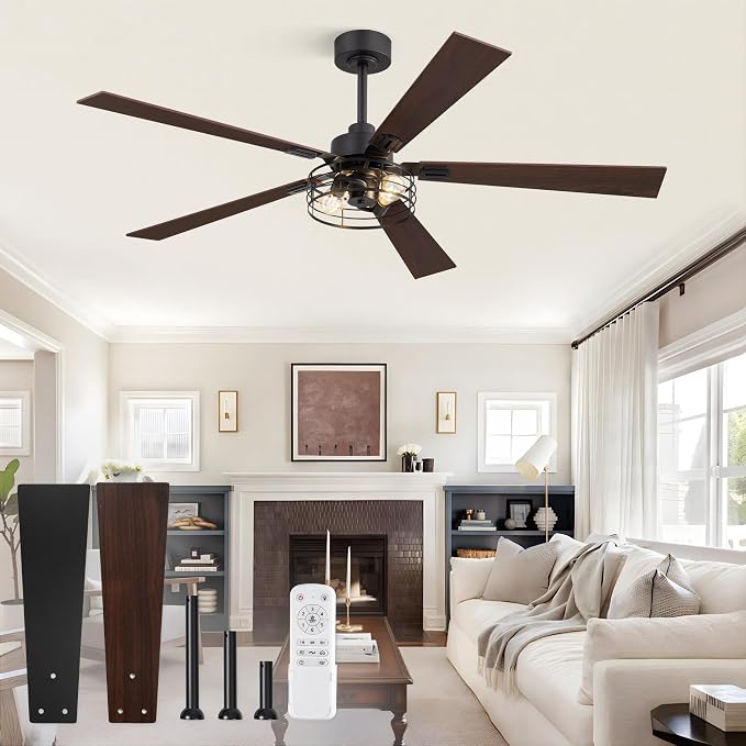 Fanbulous 1 Pack Farmhouse 60 Inch Ceiling Fans with Lights, Black Industrial Caged Ceiling Fans for Bedroom Living Room, Double-Sided 5 Blades Rustic Ceiling Fan-Black