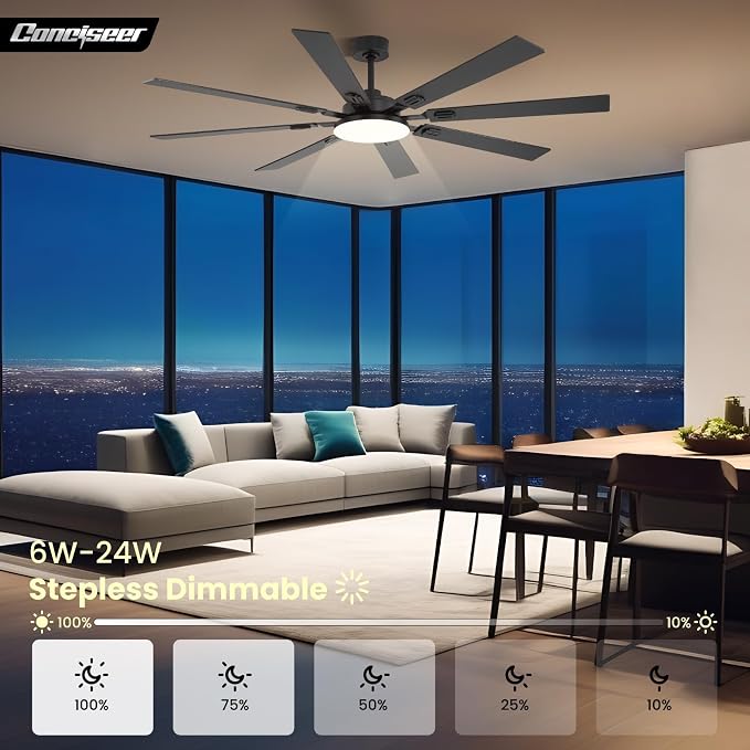 72 Inch Ceiling Fans with Lights and Remote, Dual Color 8 Blades, Bedroom Living Room Office Library Cafe Outdoor Industrial, 3CCT Dimmable, 6 Speed Reversible Quiet DC Motor, Black/Wood Grain